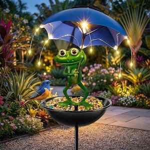 May include: A whimsical garden statue featuring a green frog holding a blue umbrella with string lights. A blue and orange bird sits nearby. The frog stands in a black bird feeder filled with seeds, set against a backdrop of lush greenery.