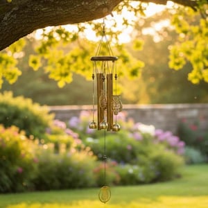 May include: A golden wind chime with owl and bell accents hangs from a tree branch. The chime features multiple tubes, decorative owl and bell-shaped ornaments, and a circular top. The background includes a blurred garden with green and purple foliage.
