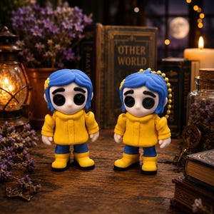 May include: Two figurines of a character with blue hair, button eyes, and a yellow coat. The figures are standing on a wooden surface. The background includes books, a lantern, and a candle.