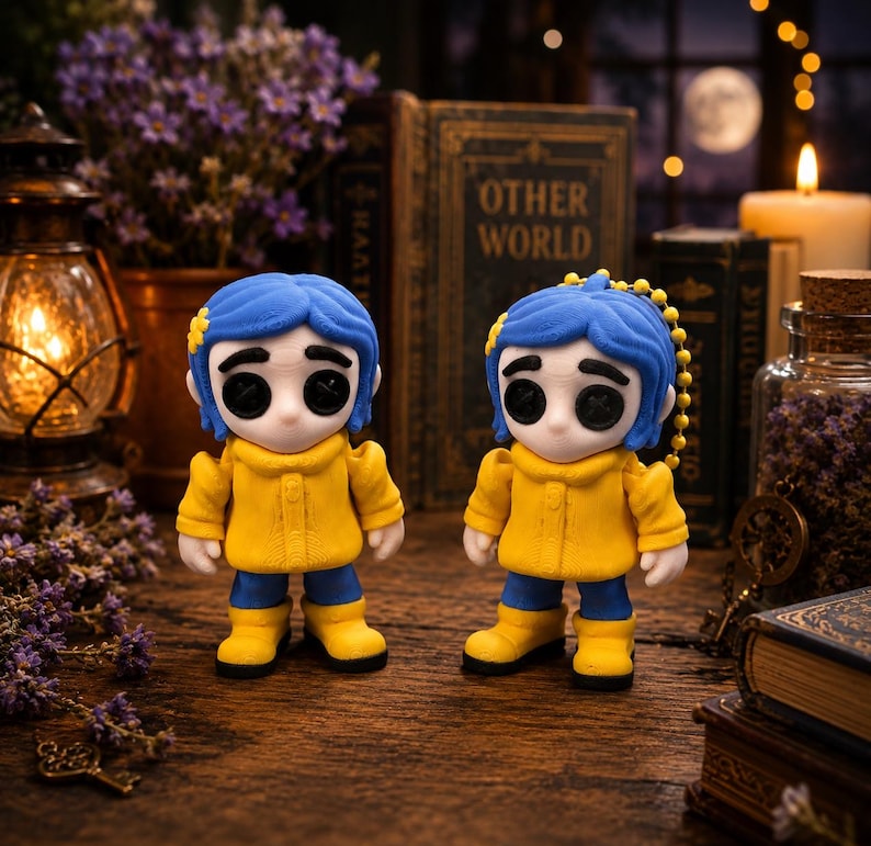 May include: Two figurines of a character with blue hair, button eyes, and a yellow coat. The figures are standing on a wooden surface. The background includes books, a lantern, and a candle.