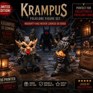 May include: A Krampus folklore figure set, 3D printed with premium quality. The set includes two figures with horns, one with a red tongue sticking out. The background features a snowy scene and the text "Krampus is Coming."