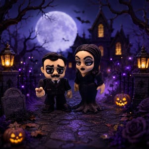 May include: Two stylized figurines standing on a stone path. One figure has dark hair, a mustache, and a black suit. The other figure has long dark hair and a black dress. A tombstone with the text STAY SPOOKY is visible in the foreground.