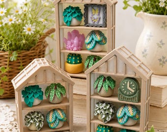 Cottagecore Mini Greenhouse Decor | Miniature Plant Shelf Display | Fairy Garden House | Plant Lover Gift | 3D Printed Bookshelf Decor