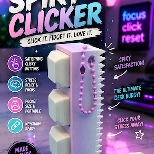 May include: A rectangular lavender fidget toy with three white square buttons and a spiky side edge. It features a purple ball chain keychain attached to the top. The text "SPIKY CLICKER" is displayed above, with additional text surrounding the object.