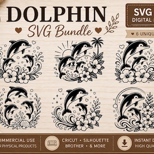 Könnte beinhalten: Ein digitales Download-Paket mit sechs schwarz-weißen grafischen Illustrationen von Delfinen. Jedes Design enthält florale Elemente, Wellen und Herzen. Der Text lautet 6 DOLPHIN SVG Bundle, SVG PNG DIGITAL DOWNLOAD, 6 UNIQUE DESIGNS, COMMERCIAL USE FOR PHYSICAL PRODUCTS, CRICUT SILHOUETTE BROTHER & MORE, INSTANT DOWNLOAD HIGH QUALITY FILES.