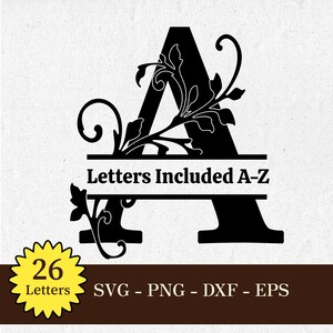 Könnte beinhalten: Ein schwarzer Großbuchstabe A mit einem dekorativen floralen Rankenmuster und einem horizontalen Schlitz für Text. Der Text lautet Letters Included A-Z. Ein gelbes sternförmiges Abzeichen zeigt 26 Letters und SVG - PNG - DXF - EPS unten.