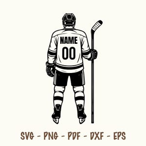 SVG de jugador de hockey sobre hielo, texto personalizado para el número de la camiseta, diseño de camiseta, mascota de hockey, deporte, regalo para papá de hockey, vector de nombre y número