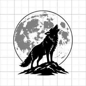May include: A black silhouette of a wolf howling at a large, circular, gray moon. The wolf is standing on a jagged, rocky outcrop. The entire design is contained within a thin black circular border, set against a white grid background.