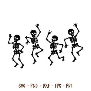 May include: A digital graphic featuring four black silhouettes of skeletons in various dancing poses. Each skeleton is depicted with distinct arm and leg positions, including one making a hand gesture. The text SVG - PNG - DXF - EPS - PDF is below.
