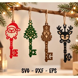 May include: Four decorative hanging ornaments shaped like skeleton keys, featuring laser-cut designs of a red Santa Claus, a green Christmas tree, a brown nutcracker, and a black reindeer. Each key hangs from a jute twine loop. Text reads SVG - DXF - EPS.