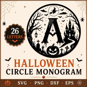 Halloween Circle Monogram SVG Bundle, Spooky Letter A to Z Cut Files, Haunted House Pumpkin Monogram, Cricut Vector, Instant Download
