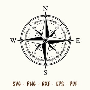 May include: A black and white graphic illustration of a nautical compass rose featuring cardinal directions N, S, E, W and intercardinal points NW, NE, SW, SE. The design includes a central star, circular rings, and the text SVG - PNG - DXF - EPS - PDF.