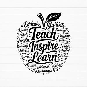 Könnte beinhalten: Ein schwarzes Grafikdesign in Apfelform, das in der Mitte die Wörter Teach, Inspire und Learn zeigt, umgeben von kleineren pädagogischen Begriffen wie Educate, Students, Reading, Creativity, Growth, Kindness und Success.