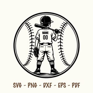 May include: A black and white circular graphic featuring a baseball player seen from behind, wearing a cap, jersey with the text NAME and 00, and holding a bat. The design is framed by baseball stitching. Below the circle is the text SVG - PNG - DXF - EPS - PDF.