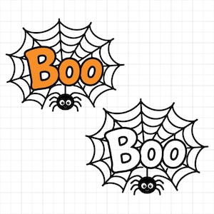 May include: Two graphic illustrations of a spider hanging from a web with the text Boo. One version features orange lettering, while the other version features white lettering. Both designs include a black spider with white eyes and black legs.