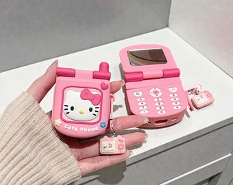 Kawaii Kitty Flip Phone Case for AirPods Pro – 3D Cartoon Earphone Cover for AirPods 1 2 3 4 – Cute Pink Kitten Gamer Girl Gift