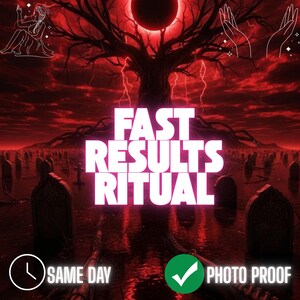 Pode incluir: Imagem digital com um esquema de cores vermelho e preto. O texto "FAST RESULTS RITUAL" é exibido em destaque. O fundo apresenta um cemitério, uma árvore e raios.