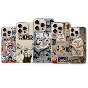 May include: Five phone cases with various designs featuring characters and logos from the anime series "One Piece." The cases display a mix of colorful and monochrome graphics, including "Wanted" posters and character illustrations.