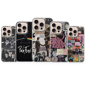 Puede incluir: Una colección de cinco fundas para teléfono con arte e imágenes del álbum Pink Floyd. Los diseños incluyen el prisma icónico, fotos de la banda y portadas de álbumes. Las fundas son transparentes con varios diseños gráficos.