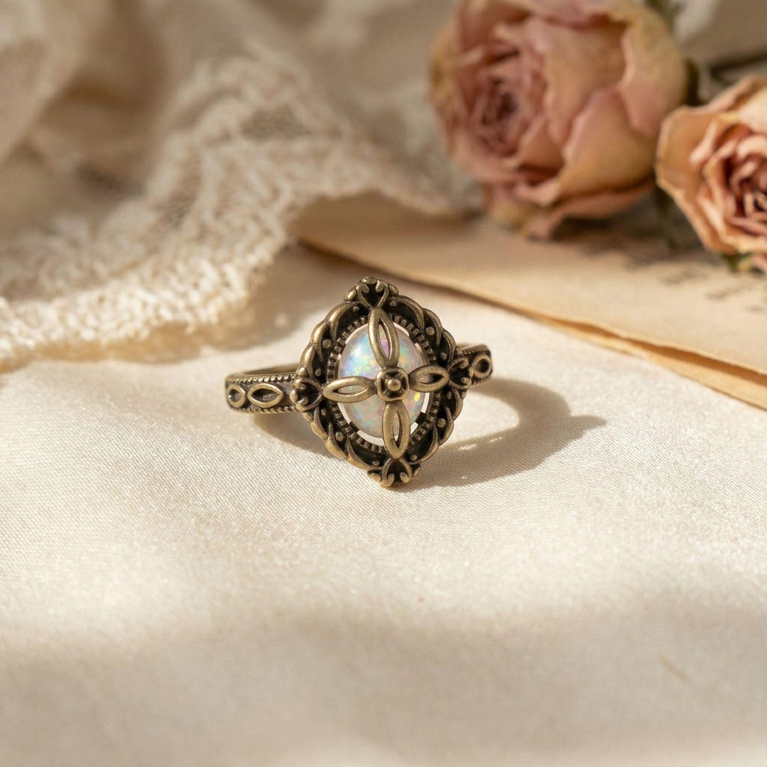 Antique Gold Vintage Statement Ring, Oval Opal or Gothic CZ , Elegant ...