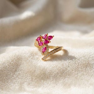 Ruby Red Adjustable Floral Wrap Ring, Gold Plated CZ Jewelry, Romantic Gift for Her