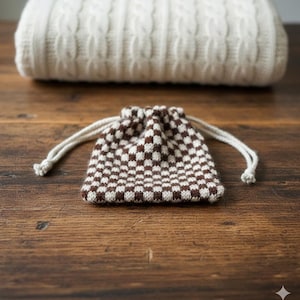 May include: A small, checkered brown and white drawstring bag with a cream-colored cord. A folded, cable-knit cream-colored blanket is in the background. The bag is on a wooden surface.