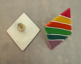 Vintage 1980s Rainbow-Striped Geometric Enamel Earrings W/ Distinct Angular Rhombus Kite Shape Horizontal Stripes