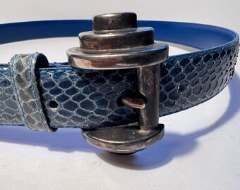 Vintage 1980s Blue Snakeskin Belt W/ Silver Art Decco Buckle  display picture 2