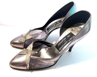 1980s Metallic Leather STUART WEITZMAN Stilettos with Bejeweled Star Power Appliqué US size 6 Euro size 36