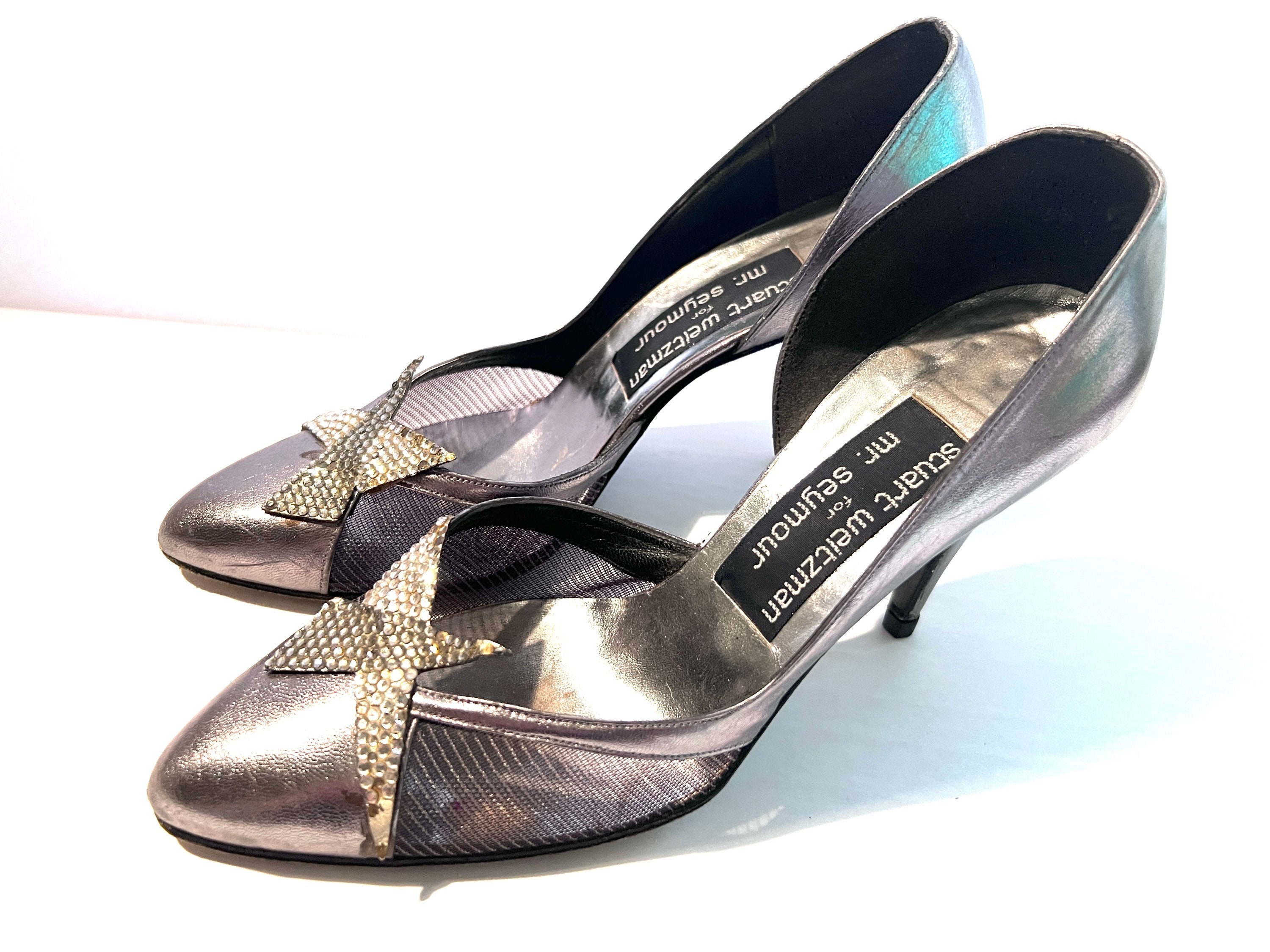 1980s Metallic Leather STUART WEITZMAN Stilettos with Bejeweled Star Power Appliqué US size 6 Euro size 36