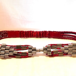 80s Red Lariat Leather Belt w/ Metal Sculpture Avant-garde Proto Punk
