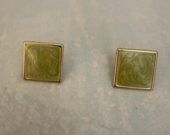 Vintage 1980s Monet Square Earrings Polished Gold-Tone Frame Marbled Olive Green Swirl Enamel Costume Jewelry