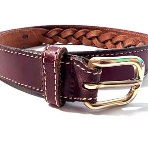 Vintage 80s ETIENNE AIGNER Belt Oxblood Burgundy Braided Leather Brass Buckle White Stitch Detail Size Medium