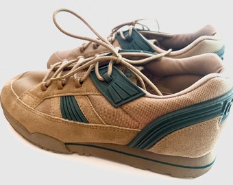1980s Vintage COLEMAN Hiker Sneakers Tan and Green Suede Mens Size 7 Made in KOREA Deadstock