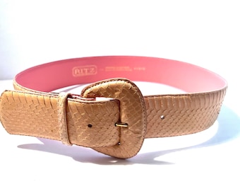 1990s Pink Leather Snakeskin Belt Vintage THE RITZ ACCESSORY Collection Size S/M
