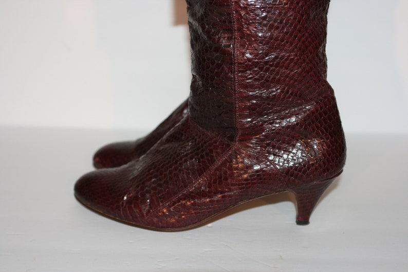 May include: A pair of burgundy leather heeled boots with a snakeskin pattern.