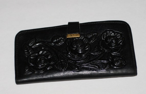 Vintage 40s Leather Wallet Western Black Roses To… - image 1