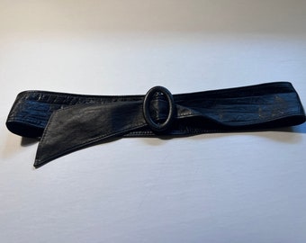 Vintage 1980s Black Kid Leather Ribbon Adjustable Sash Belt Excellent Condition