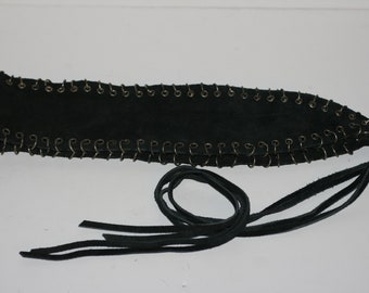 Vintage 1970s Hippy Biker Suede Sash Belt W/ Pierced Metal Ring Detail 31" LONG