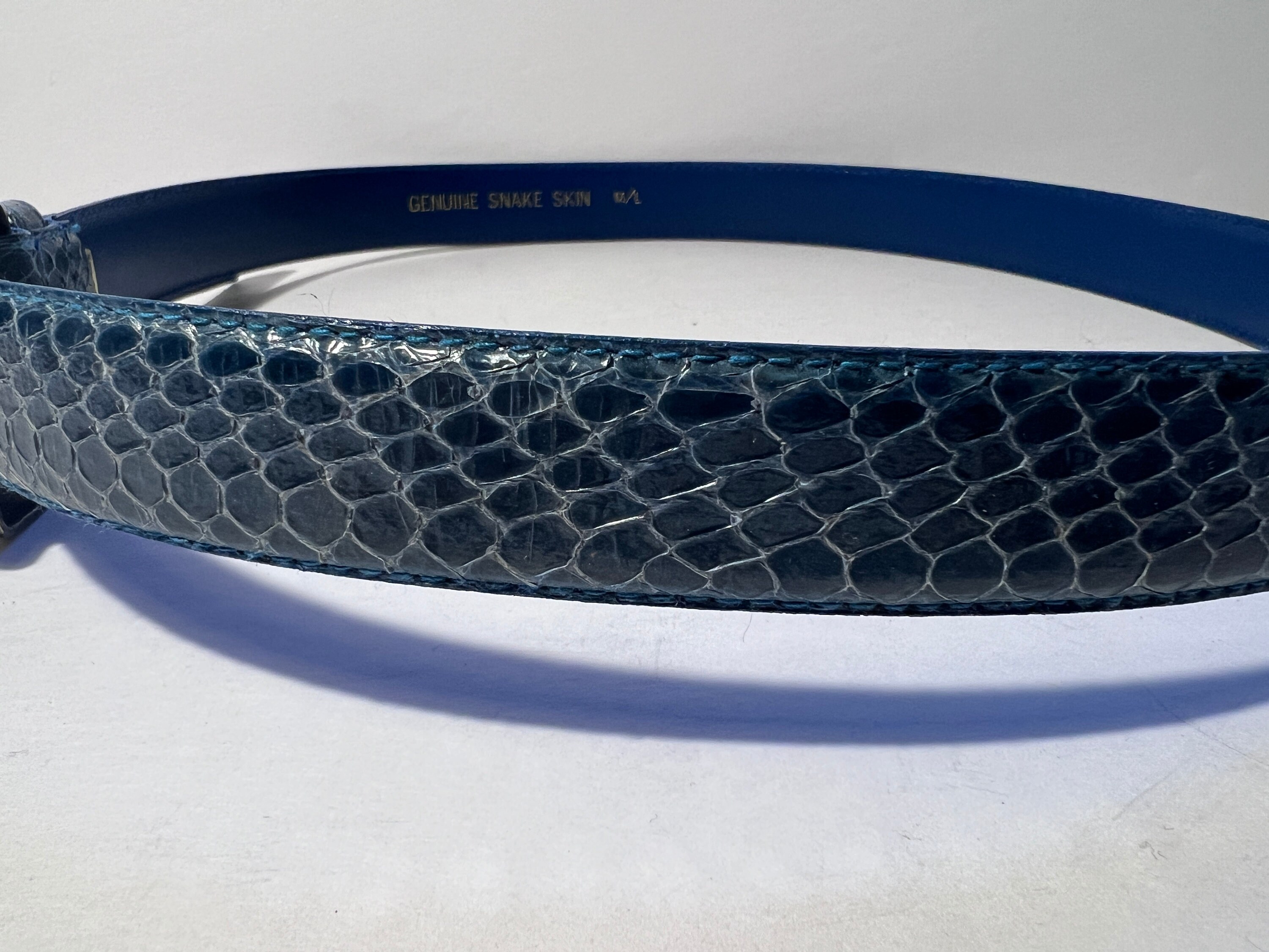 Vintage 1980s Blue Snakeskin Belt W/ Silver Art Decco Buckle  display picture 3