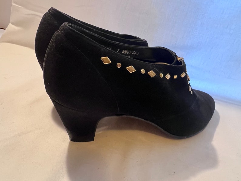 Vintage Black Suede Booties: Gold Zipper Studded Detail, Size 9 image 6