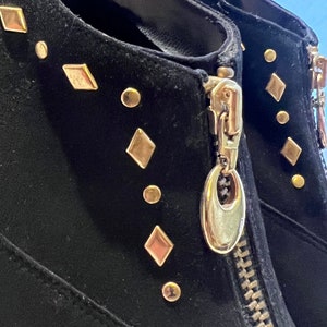 Vintage Black Suede Booties: Gold Zipper Studded Detail, Size 9 image 8