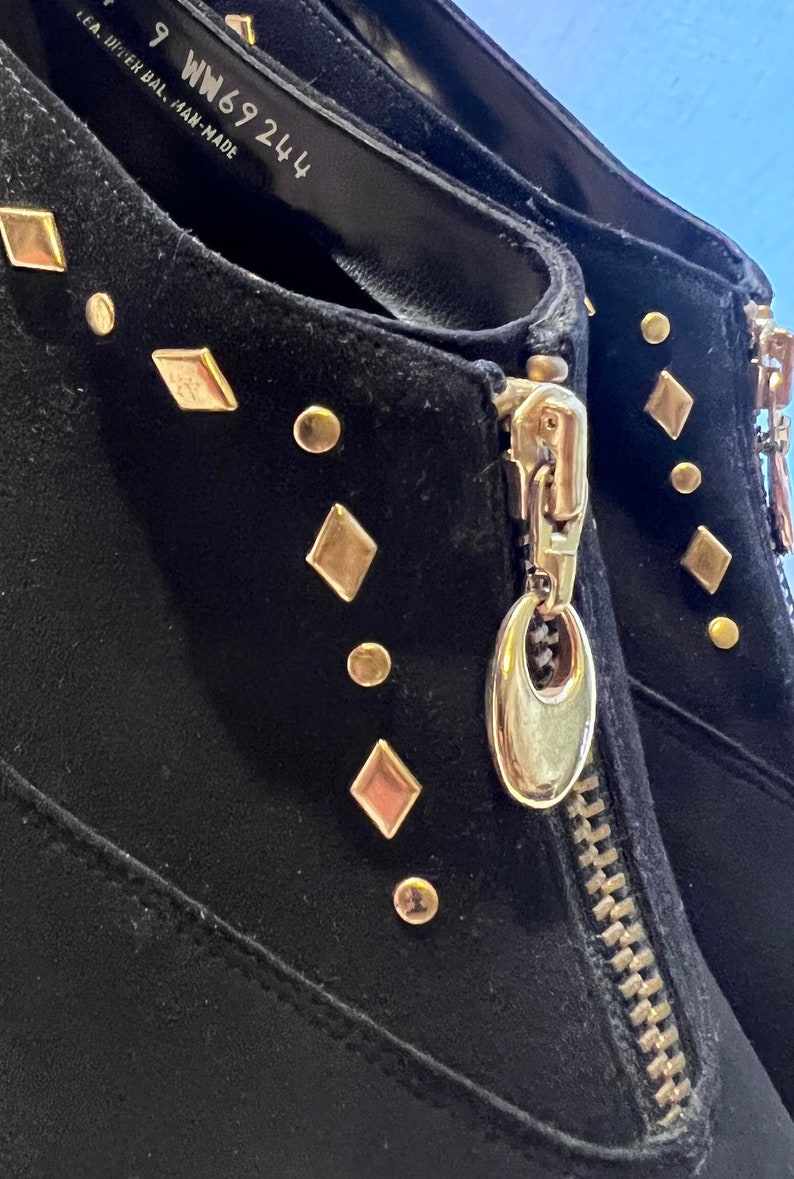 Vintage Black Suede Booties: Gold Zipper Studded Detail, Size 9 image 8