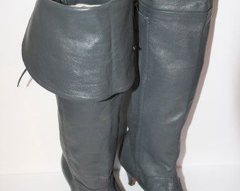 1980s Vintage PUNK PIRATE BOOTS Thigh High-Heeled Lace-Up Boots Size 5 Narrow Bunny Grey Buttery Soft Kid Leather