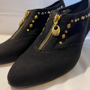 Vintage Black Suede Booties: Gold Zipper Studded Detail, Size 9