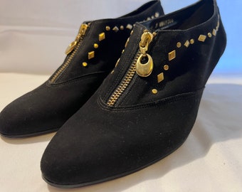 Vintage Black Suede Booties: Gold Zipper Studded Detail, Size 9