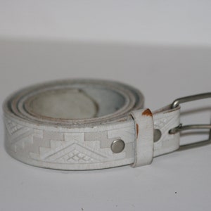 1990s Vintage White Leather Belt  Southwestern Embossed Navajo Geometric Pattern size 34