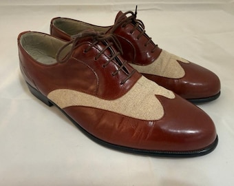 Vintage 1980s STACY ADAMS Cognac Leather and Canvas Wingtips Mens Size 9D