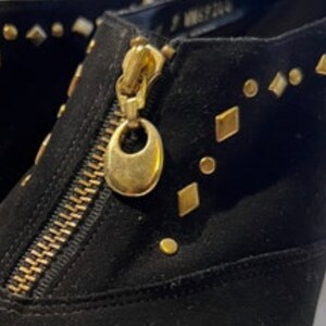 Vintage Black Suede Booties: Gold Zipper Studded Detail, Size 9 image 3