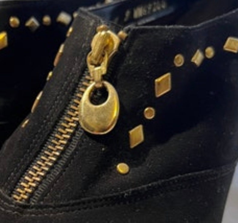 Vintage Black Suede Booties: Gold Zipper Studded Detail, Size 9 image 3